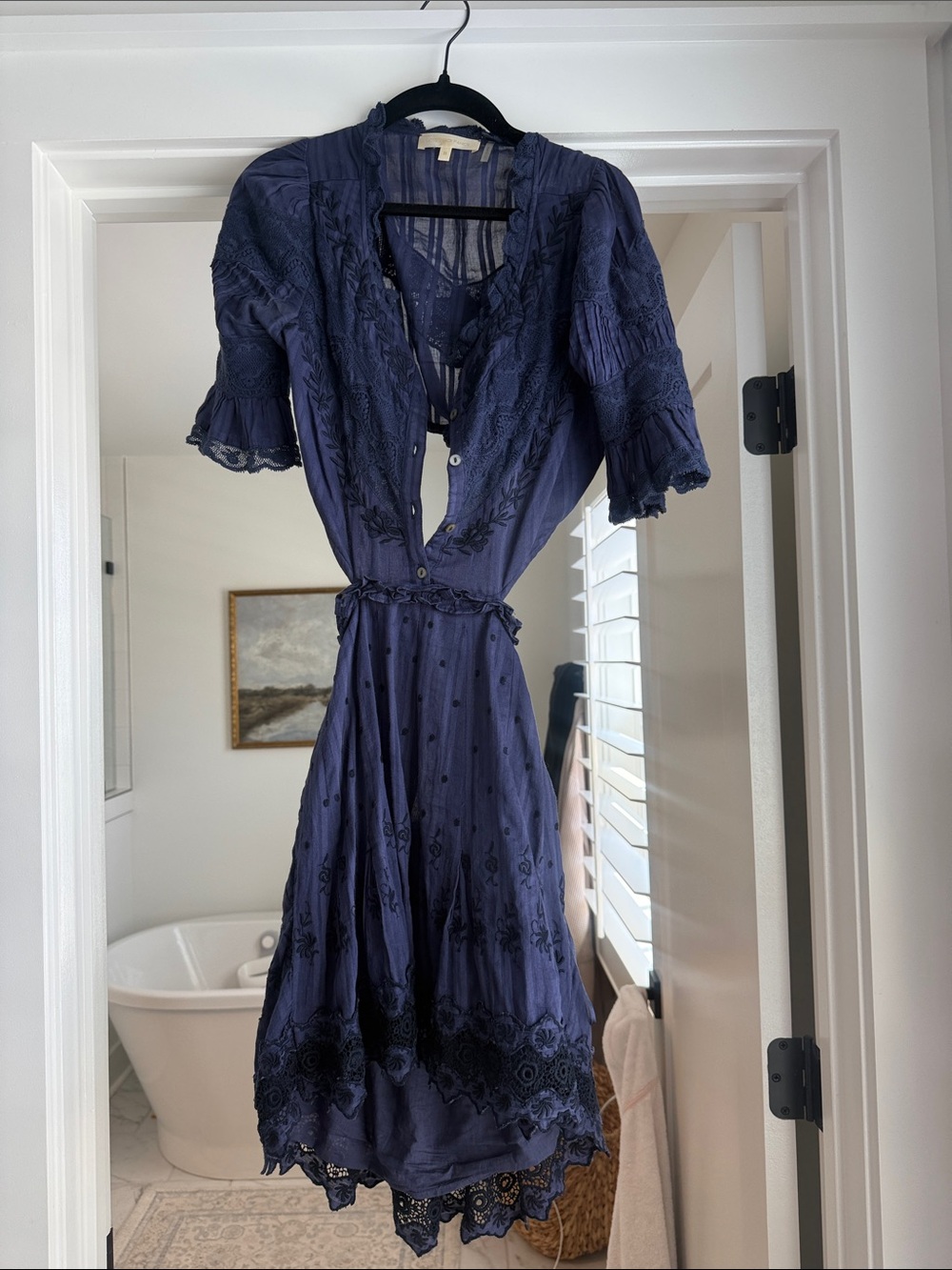 LoveShackFancy Navy Blue Embroidered Lace-Trim Midi Dress